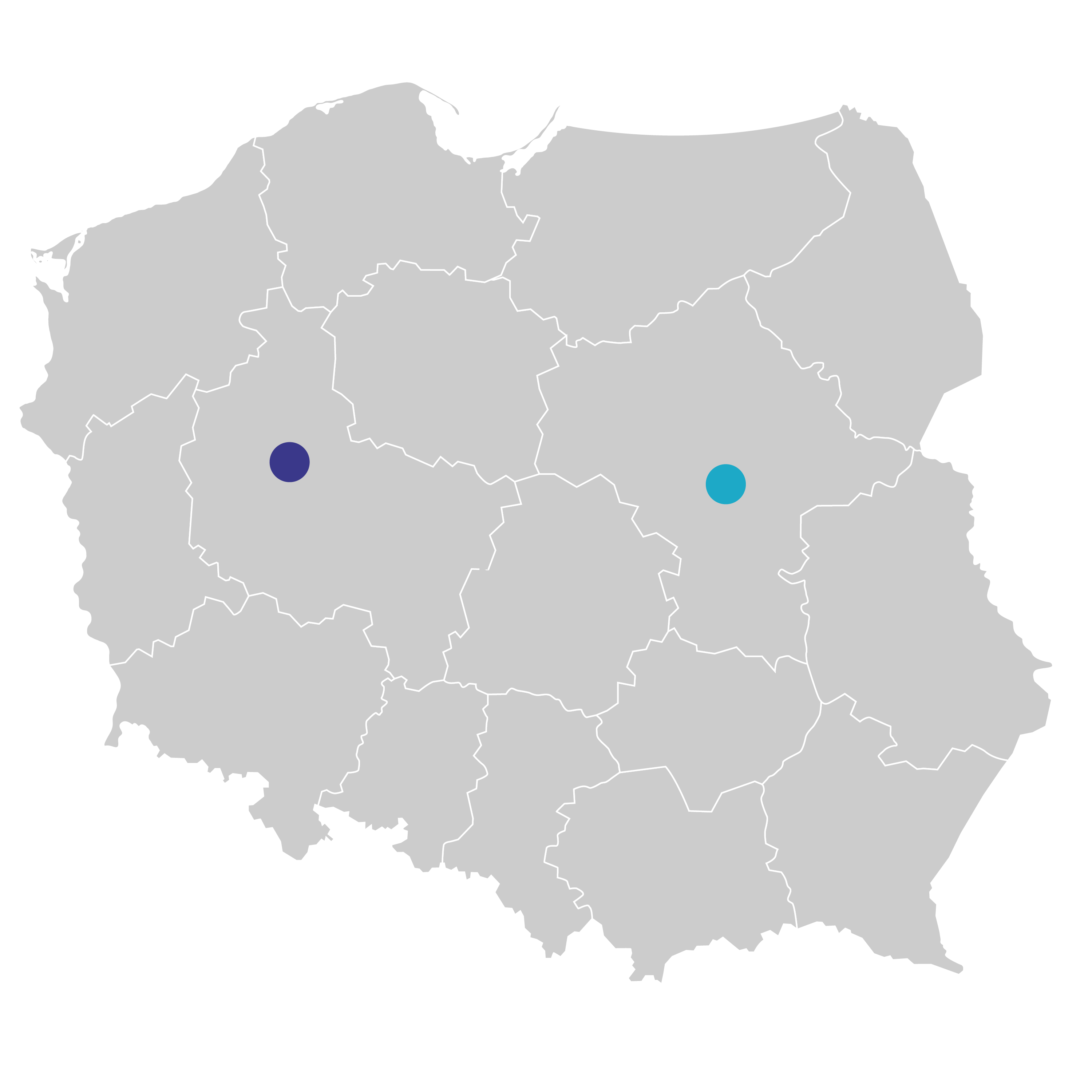 mapka Polski z zaznaczonymi lokalizacjami laboratoriów Pikralidy: w Poznaniu i Warszawie